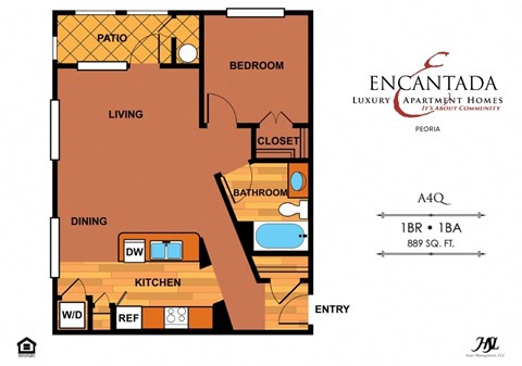 Encantada Peoria A4Q floor plan of a single bedroom apartment with a bathroom and a living room